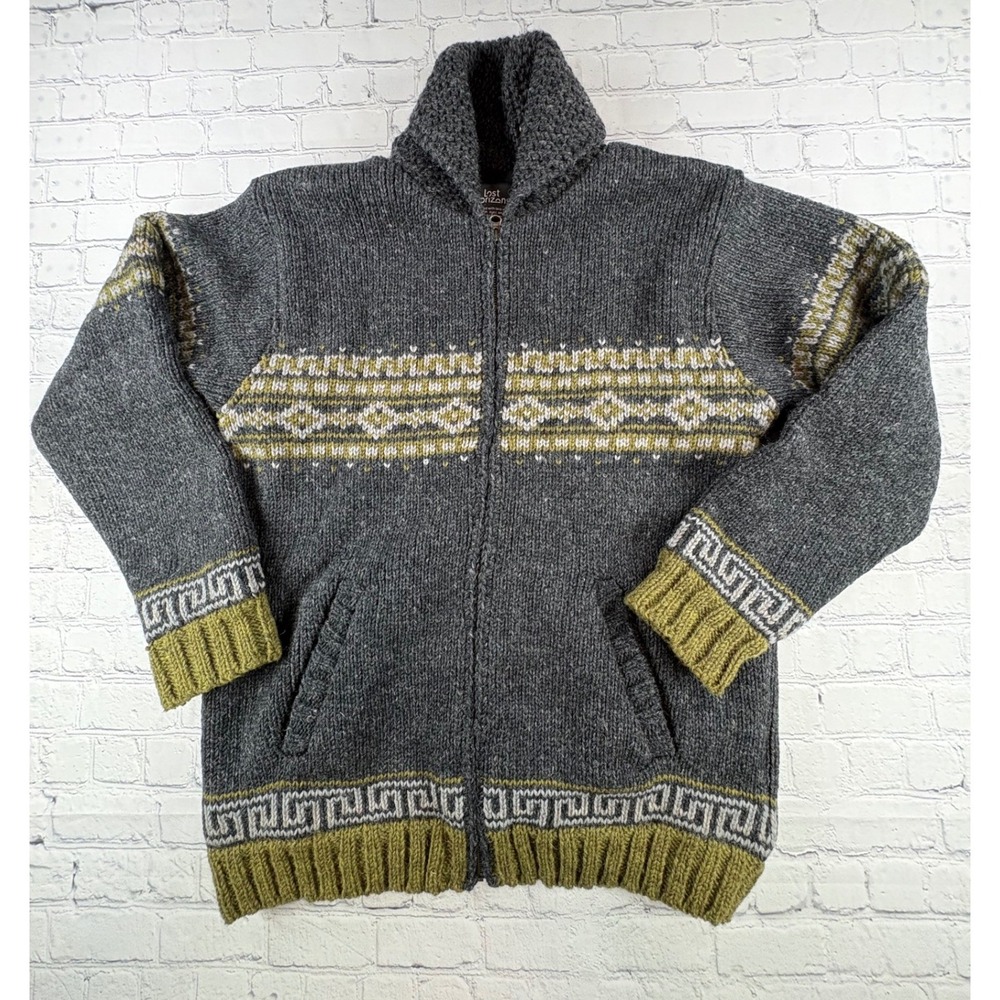 Lost Horizons Cardigan Mens L Gray Wolf Heavyweight Wool Full Zip Nepal